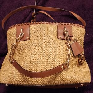 Michael Kors Straw Rattan Brown Leather Gold Chain Summer Shoulder/Arm Bag Purse